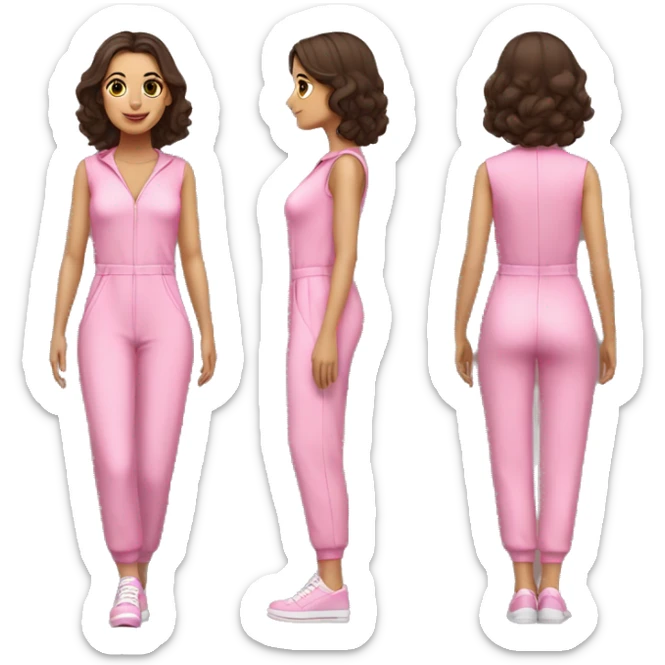 Woman dark brown hair  hazel eyes  pink  full body jumpsuit flying sticker