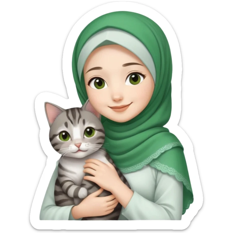 Asian White girl wearing green hijab and white dress holding a black grey tabby cat while smiling.  sticker