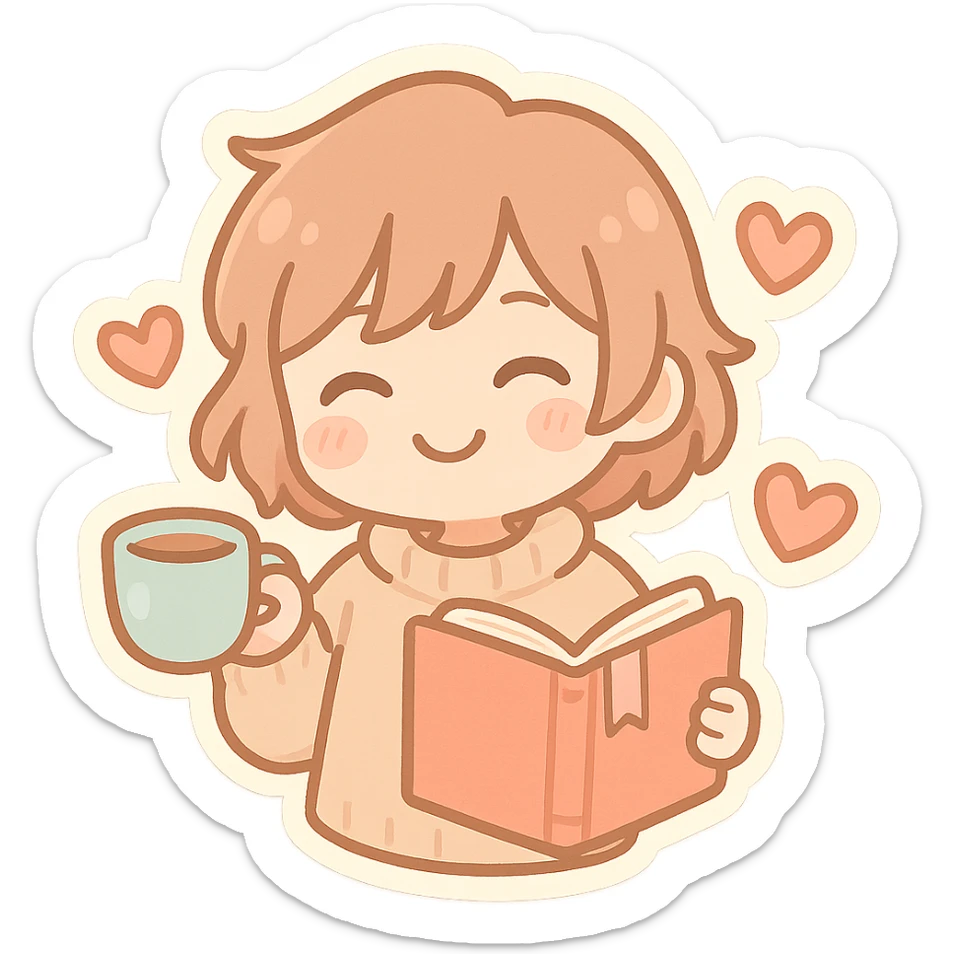 cozy book, pastel colors, smiling face, bookmark, chibi style, holding a cup of tea, surrounded by floating hearts sticker