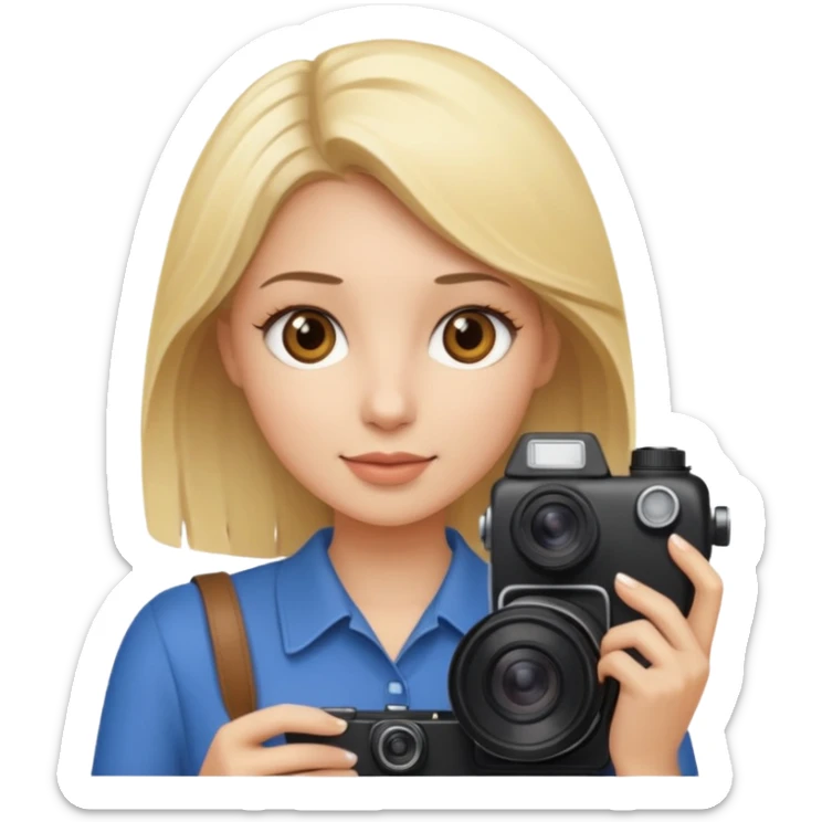 Emogi simple femme blonde yeux marron qui tient un appareil photo sticker