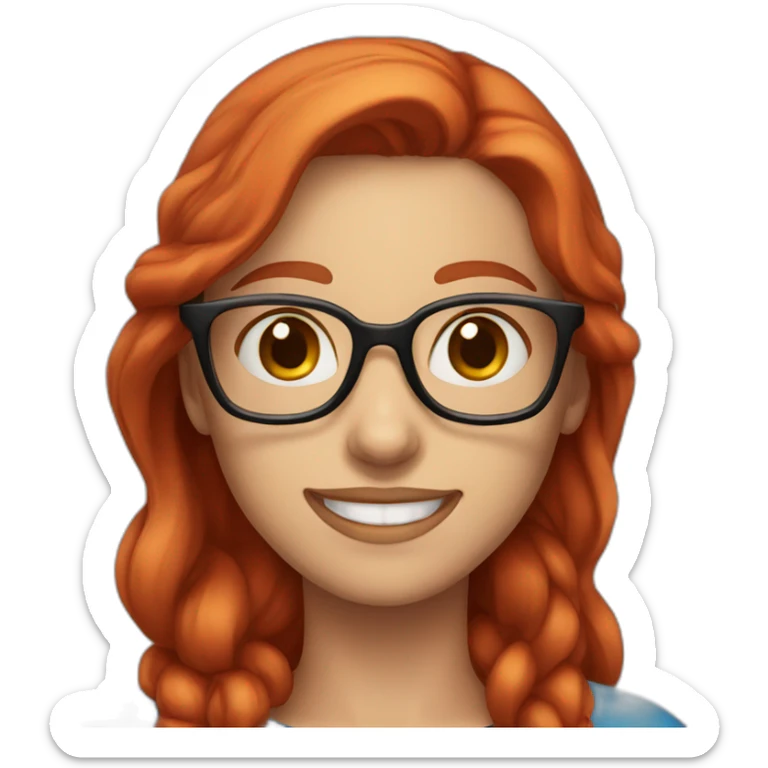female with long red hair and glasses smiling with blue eyes and red shirt sticker