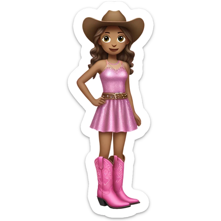 Pale Brunette girl in glitter dress and pink cowboy boots sticker