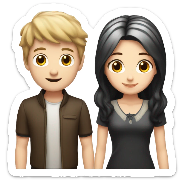 White boy with short brown hair couple cute cake white girl with long black hair sticker