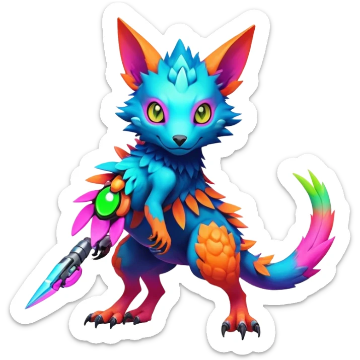 Tropical futuristic lush warm-colored modern colorful neon-colored cyber-Fakémon-Digimon-Trico-creature sticker