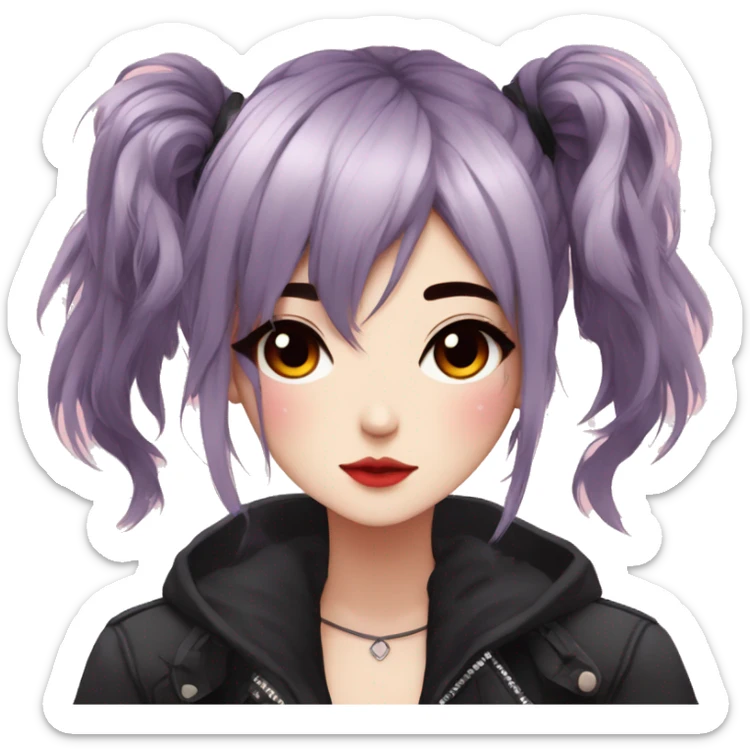 Gorgeous anime style lady with blushing face aesthetic and pretty edgy black red punk hair with hair garment trending style sticker