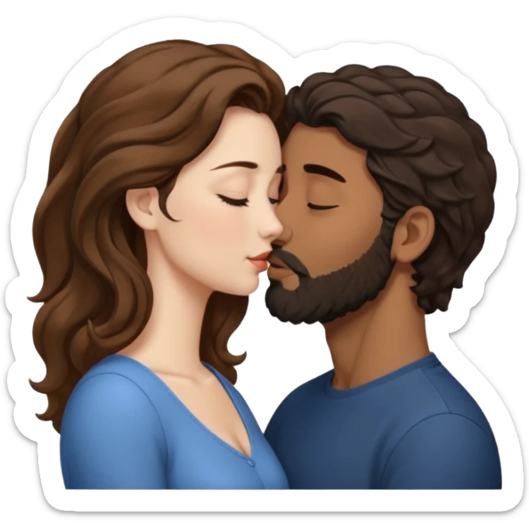 The woman is kissing the forehead of the man, side profile, White woman (brown hair with eyes closed) and brown man with black wavy hair (has a a beard with his eyes closed too). sticker