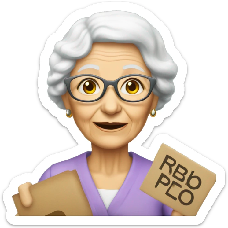 elderly woman holding a sign that says: PARABENS PELO BELO RP sticker
