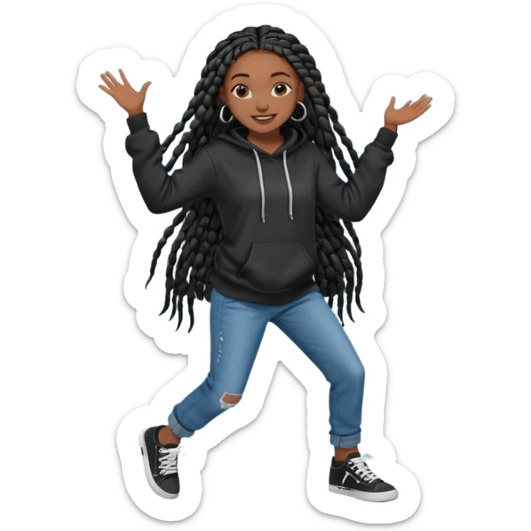 African American dark skin girl with long black box braids wearing a plain black hoodie wearing denim jeans and shoes dancing in music video sticker