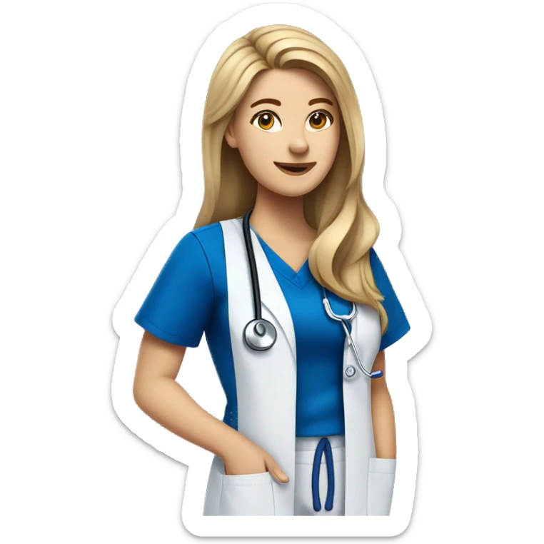 white female nursing school student with long dirty blonde hair in royal blue scrub top and royal blue scrub pants with a stethoscope around her neck sticker
