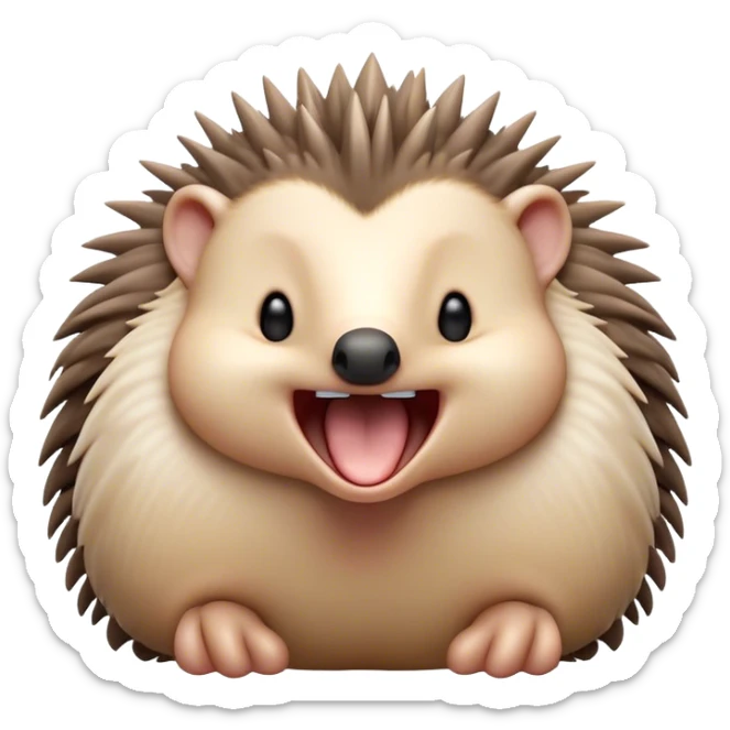 Cinematic Cute Yawning Echidna Portrait Emoji, Head tilted slightly with a dramatic, wide-open yawn, showcasing a soft, downy spiky fur with a slightly drooping snout and small, drowsy eyes, Simplified yet irresistibly adorable features, highly detailed, glowing with a soft, cozy glow, high shine, relaxed yet expressive, stylized with a touch of prickly whimsy, bright and endearing, soft glowing outline, capturing the essence of a sleepy yet affectionate echidna, so drowsy it feels like it could curl up out of the screen for a nap! sticker
