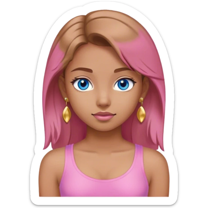 Young girl wearing a pink tight top, with light brown hair , blue eyes and gold earrings  sticker