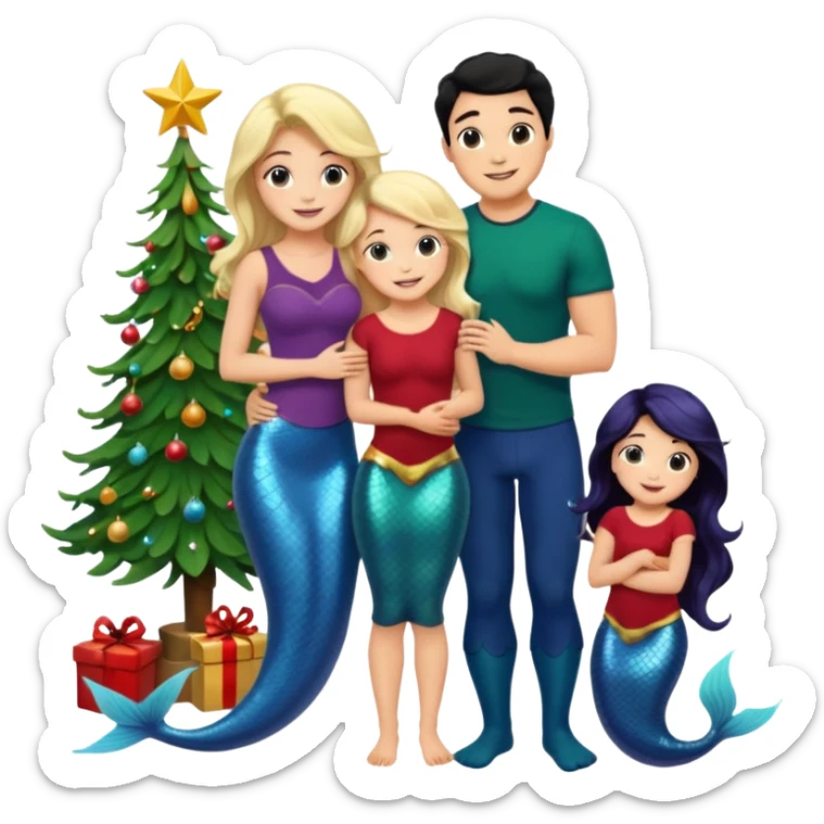 Generate Christmas-style emojis  family. Where light-skinned people stand near the tree all together, hugging and smiling.  girl should be Light-haired woman, mermaid woman, black-haired woman, and 1 man . Add 4 people: Mother, Sister, Sister, Brother  sticker
