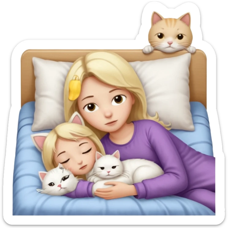 They recreate a photo of a blonde girl with light brown eyes, lying in bed sick with the flu, with her cat white nearby. sticker