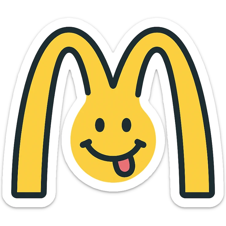 playful parody of McDonald's logo with a similar yellow M but with a twist, humorous, vector style sticker