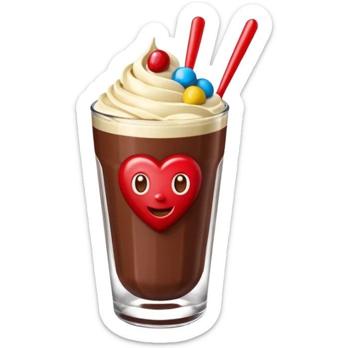Un vaso cubierto de chocolate que arriba se vea crema batida varias fresas y mym sticker