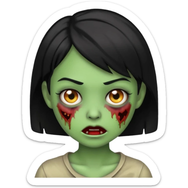 Emoji zombie girl verde com cabelo preto curto com uma expressão normal sticker
