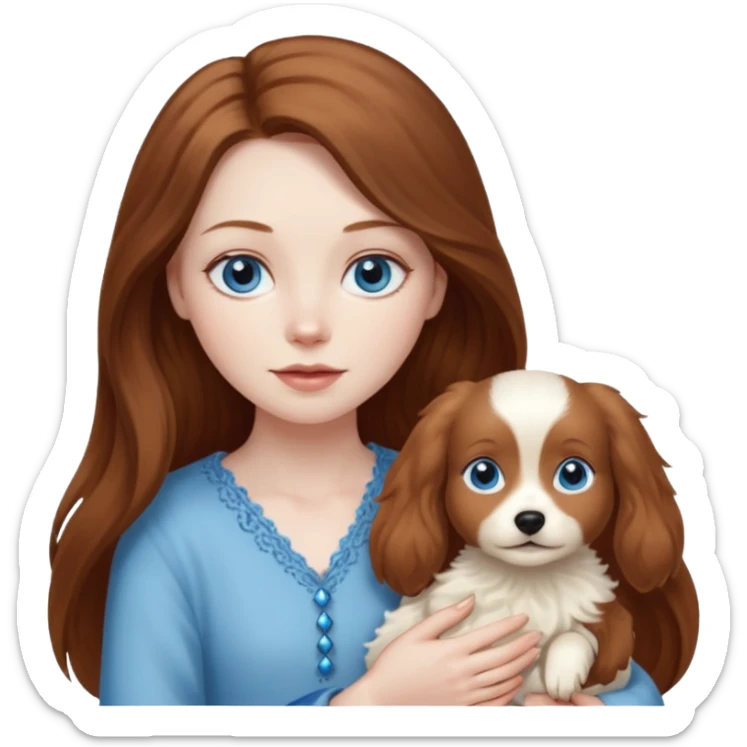 long hair chestnut color blue eyes woman holding small ivory dog sticker