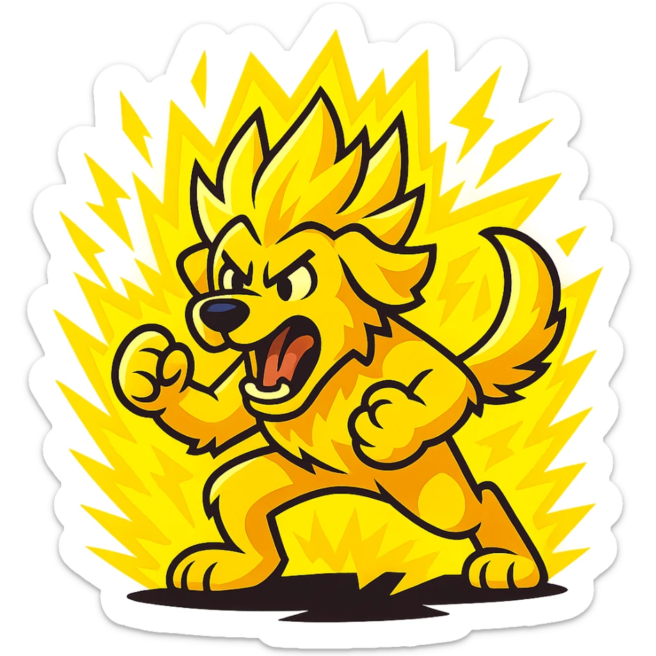 cartoon golden retriever, super saiyan transformation, intense energy, glowing yellow fur, action pose sticker