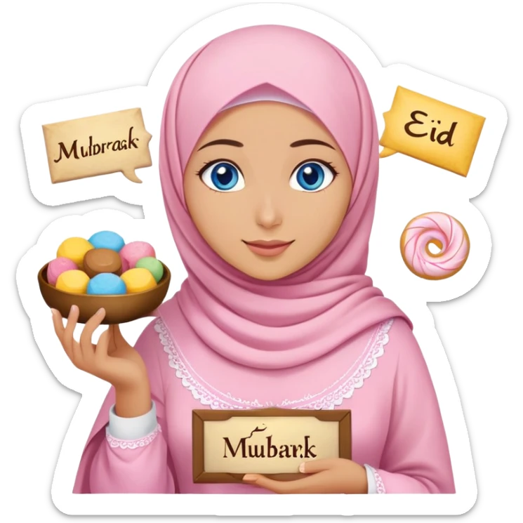 Turkish beautiful finish Konya girl blue eyes with powder pink yellow hijab islamic dress and had on her hand text Eid Mubarak with sweets and celebrating with her friends eid days   sticker