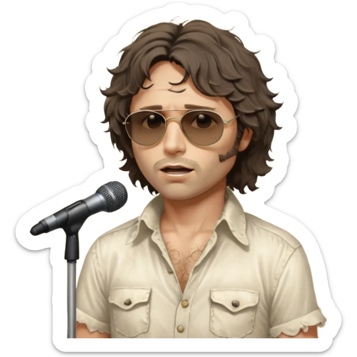 cinematic realistic - messy, shaggy aged Jim Morrison in an ivory Victorian shirt, singing in a trance on stage, wearing Ray Ban sunglasses sticker
