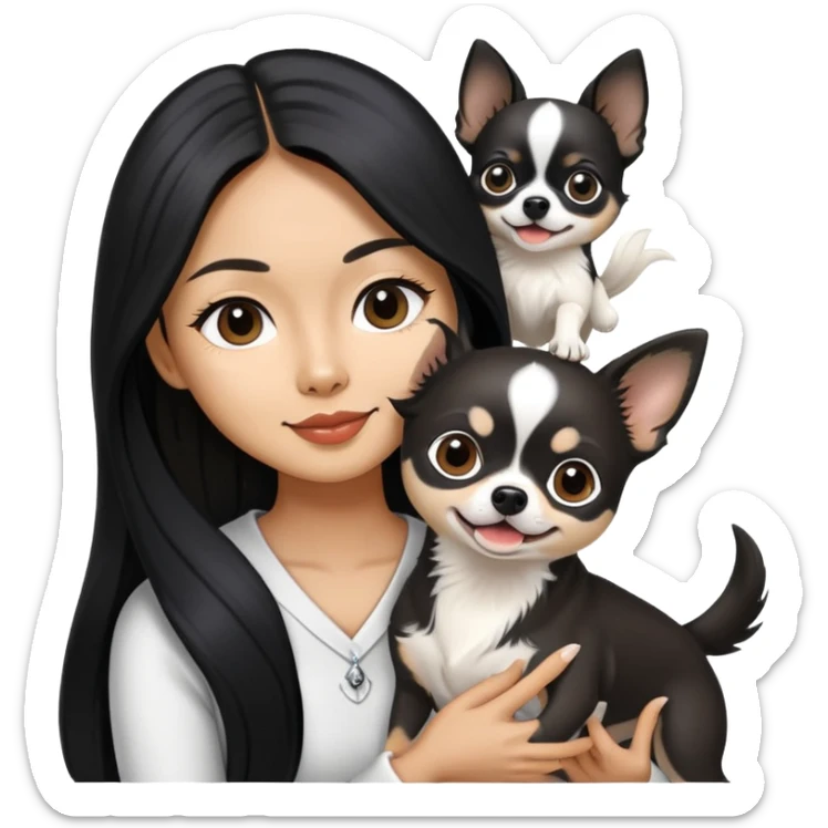 Thai woman with flowing black hair playing with a black and white Chihuahua dog sticker