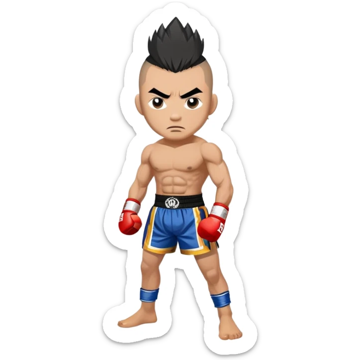 Rodtang Jitmuangnon the Iron Man, fierce Muay Thai fighter with mohawk hairstyle, intense expression, muscular build, wearing mongkhon headband and traditional Muay Thai shorts sticker