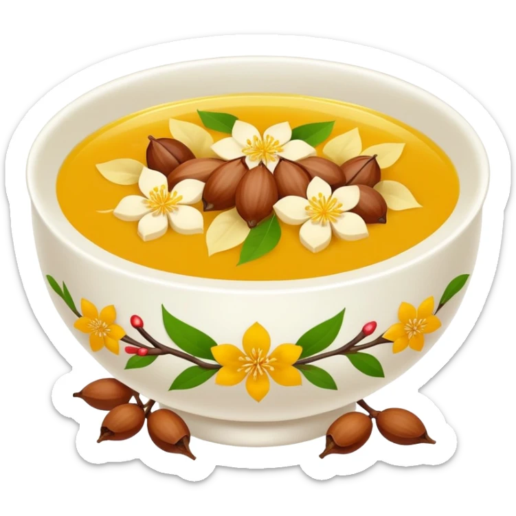 Hangzhou Osmanthus Cassia Soup with chestnuts and flower petals, simplified emoji style with bold outlines and bright colors, cartoon style fragrant dessert bowl sticker