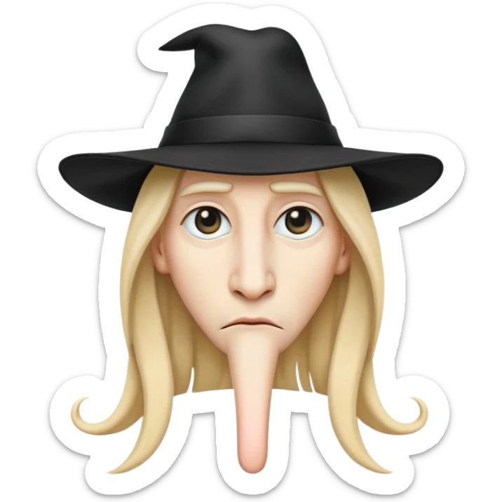 emoji character with very long nose, long hair, black hat, serious look sticker