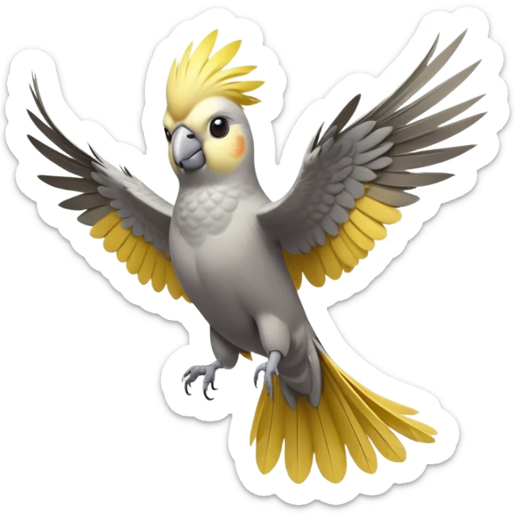 cinematic-[cockatiel]-realistic-full-body-perched-emoji,-wings-out-flying,-head-tilted-dramatically,-sleek-[yellow and grey]-feathers,-simplified-yet-realistic-focused-features,-highly-detailed,-glowing-with-an-almost-sarcastic-glow sticker