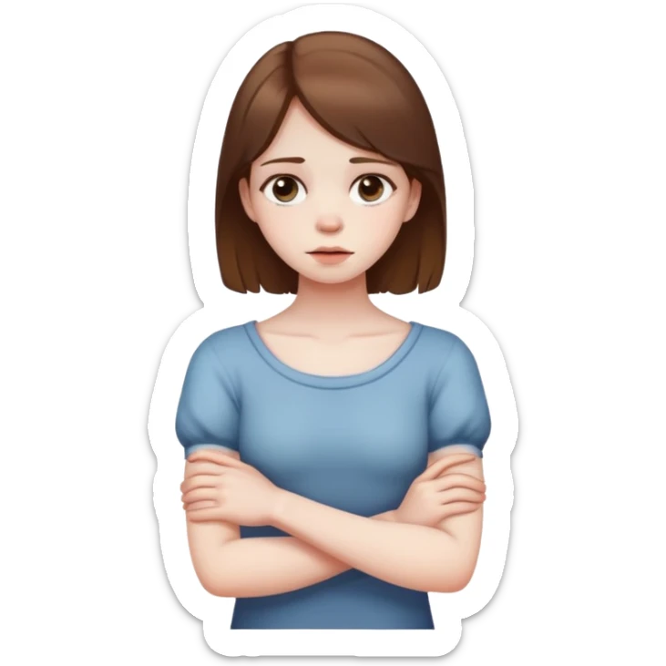 Arms crossed holding neck dead eyes young out dying girl with brown hair sticker