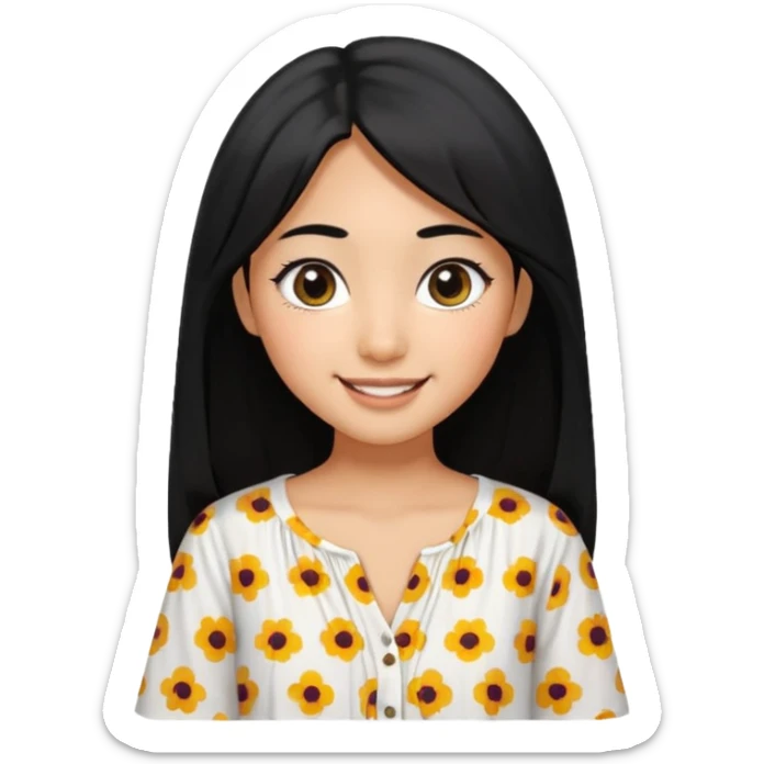 20 yr old asian woman hair white blouse with black dots center part big eyes big smile tanned skin straight black hair hippie part hair  sticker