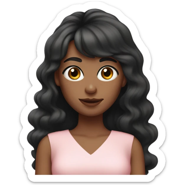 White woman with long black curly hair and bangs and dark brown eyes, wearing a pastel pink dress sticker