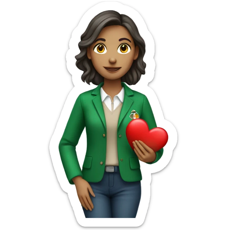 A European female teacher in a green jacket holds a heart in her hands sticker