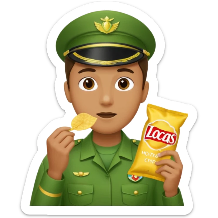 supermarket collegue wearing a green uniform and eating a packet of crisps no hat sticker