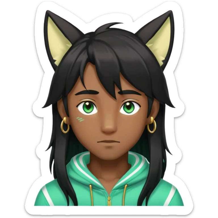 Black anime man with straight long black hair with light-green stripes in it, long black fox ears, hazel-gradient-brown-turquoise eyes, gold earring, sticker