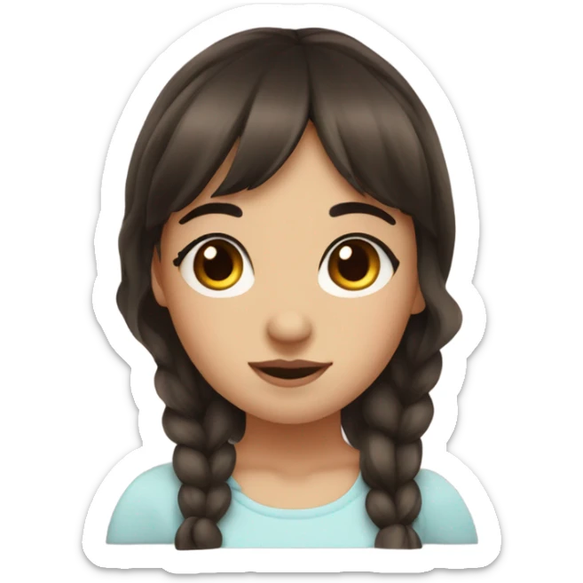 girl with wispy bangs and dark brown hair, brown bambi eyes and a soft round face sticker