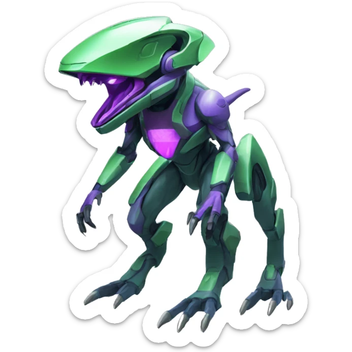 a purple-green Genesect-Raptor-Fakémon—hybrid with a futuristic visor-helmet full body sticker