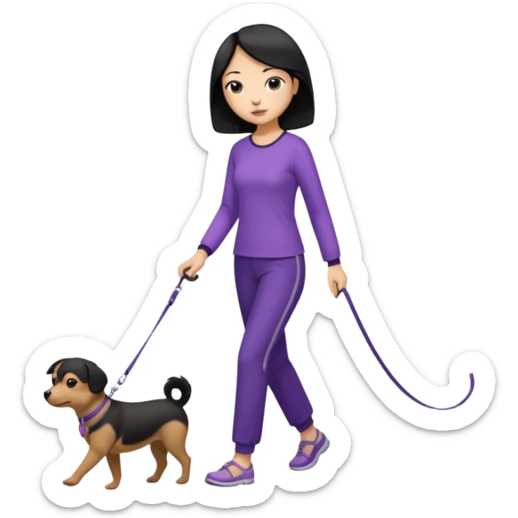black hair Chinese woman wearing purple top and black pants walking 1 small brown dog sticker