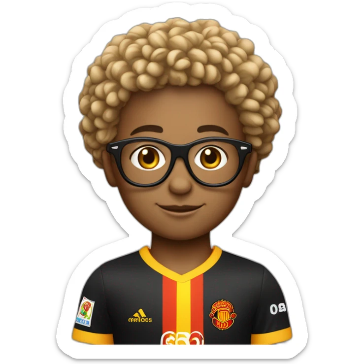 Un petit garçon aux cheveux bouclés et avec des lunettes accompagné de sa petite soeur avec des maillots du RC Lens sticker