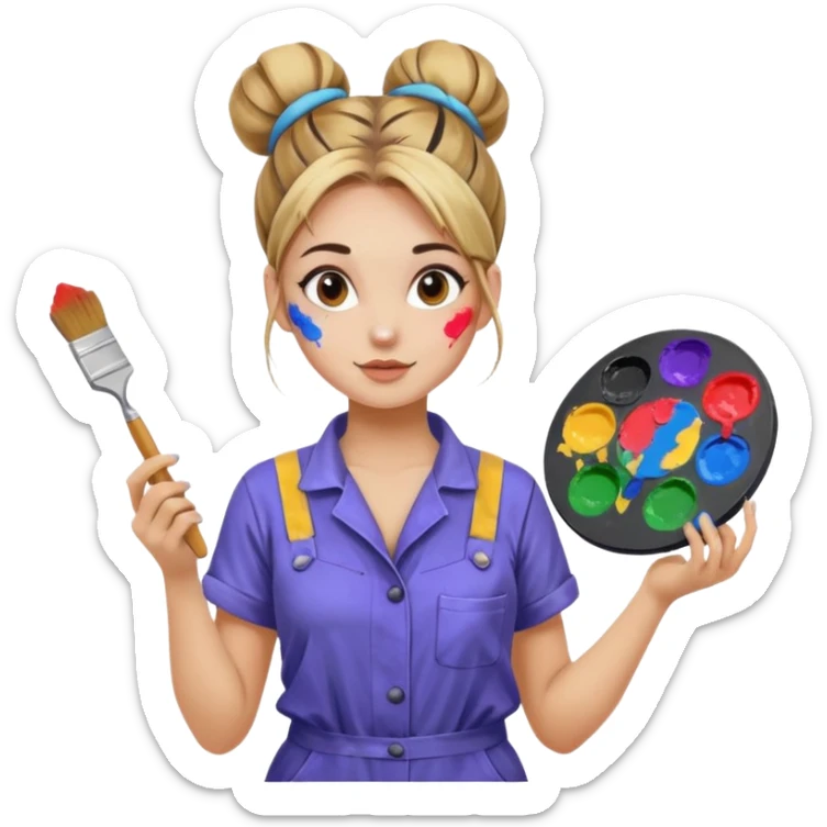beautiful girl with a bun on her head in a jumpsuit with paint stains, holding a palette and a brush in her hands sticker