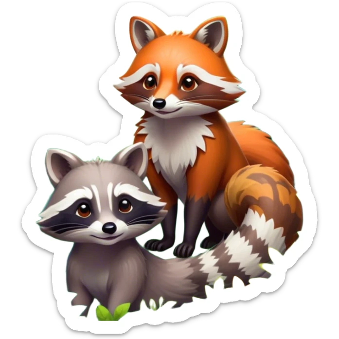 Collage of a raccoon and a fox, in close-up, surrounded by a colorful forest with rich green trees, thick bushes, and vibrant foliage. Sunlight peeks through the branches, casting warm light on the animals. A lively, natural setting with a transparent background. sticker