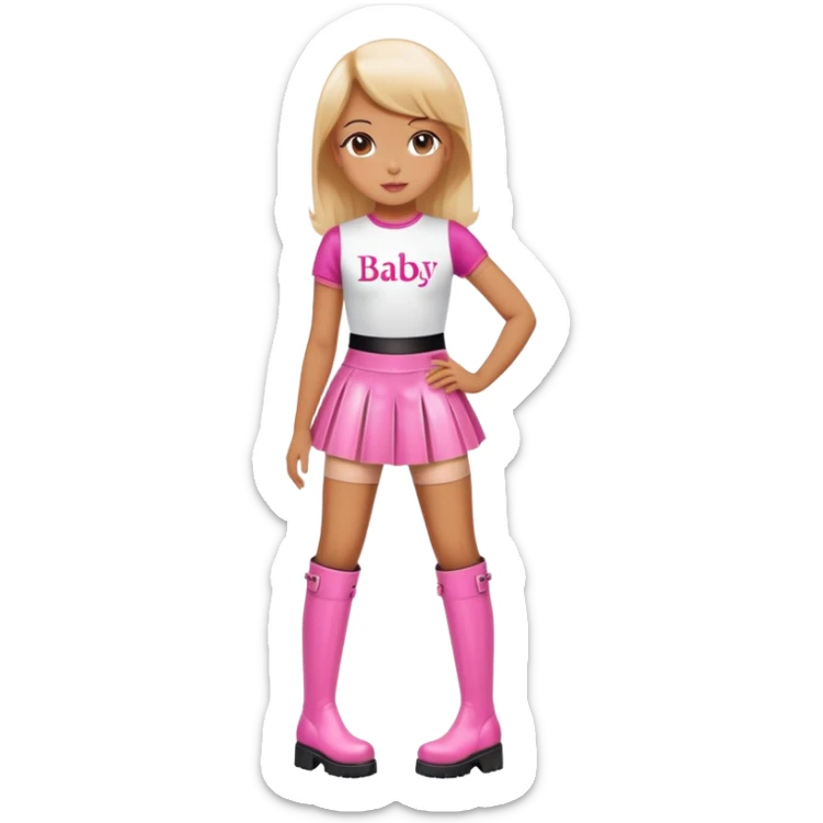 Mini latex skirt and boots and short top with pink inscription “Baby girl” sticker