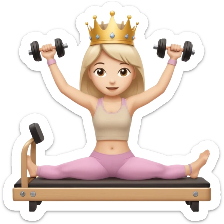 Sticker emoji of a girl doing Pilates arm exercises on a reformer, holding light dumbbells. Small crown, happy expression, beige outfit. Kawaii proportions, white outline, transparent background. sticker