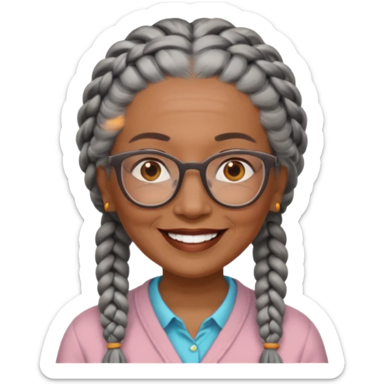 Older woman of color with gray braids, glasses and smiling sticker