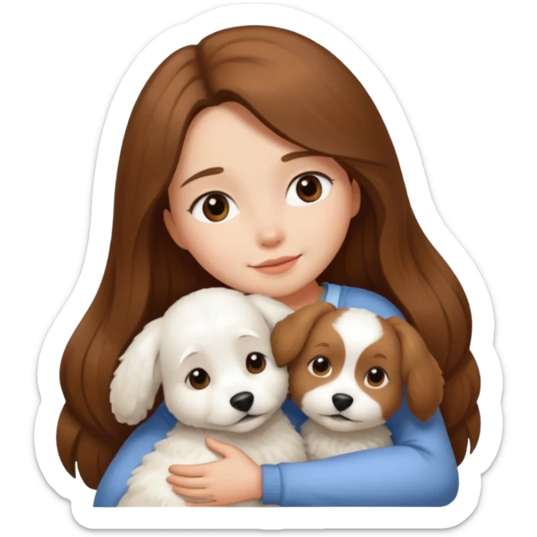White bishon dog in hug with girl with long brown hair an sticker