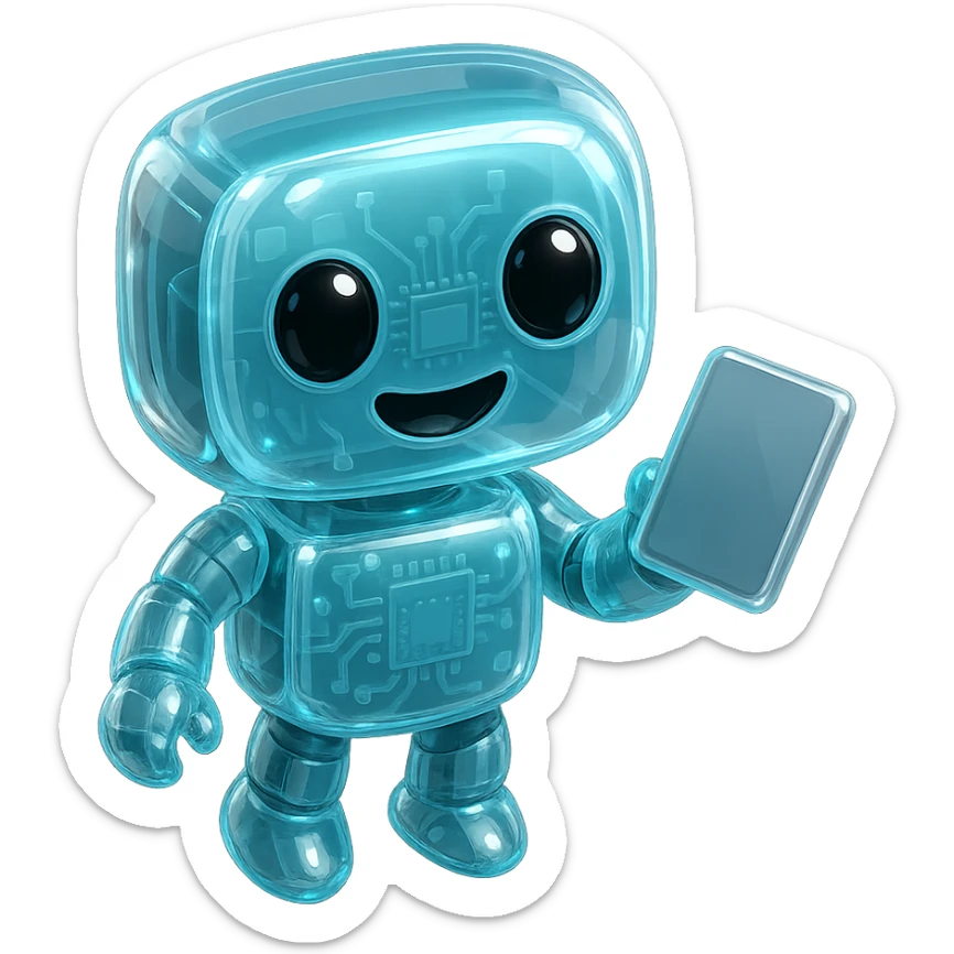 Robotukas pasisukęs priekiu, glossy circuit stilius, pagrindinė spalva #6fe8f3 žydra, miela išraiška, vietoj gėlytės rankoje laiko tabletę, be fono. sticker