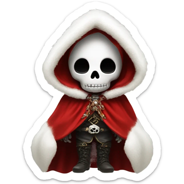 Cute, happy little skull wearing a red velvet hooded cloak with white fur trim. sticker