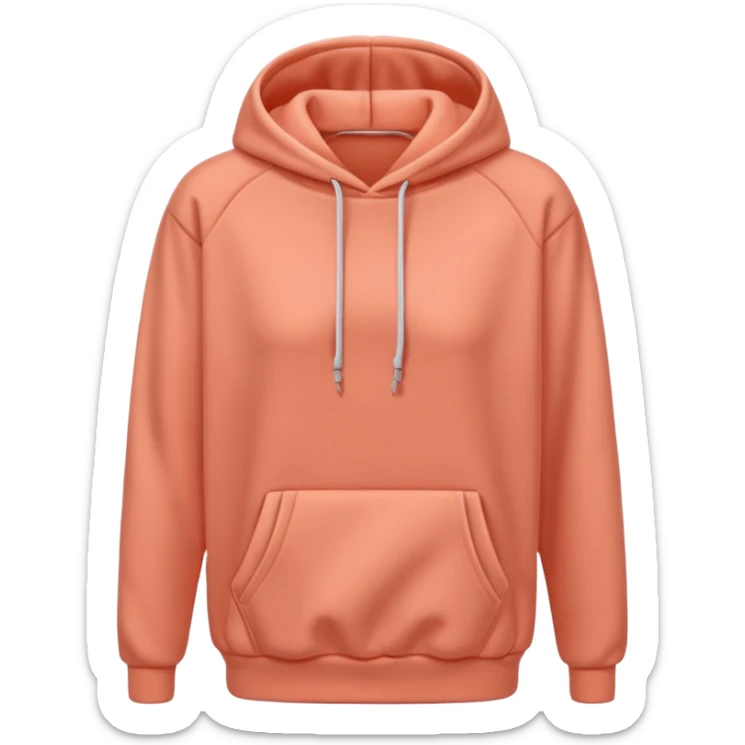 A 3D cartoon peach-coral hoodie with soft folds, drawstrings, and a casual fit, isolated plain background. plain , no texture. sticker