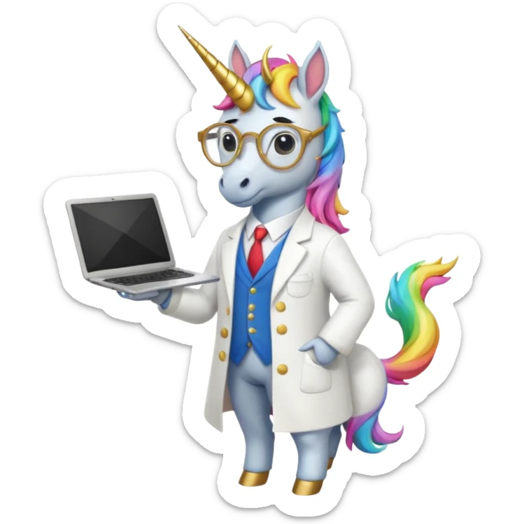Unicorns holding laptop book
A full body of scholar unicorn wearing round glasses, holding a laptop. sticker