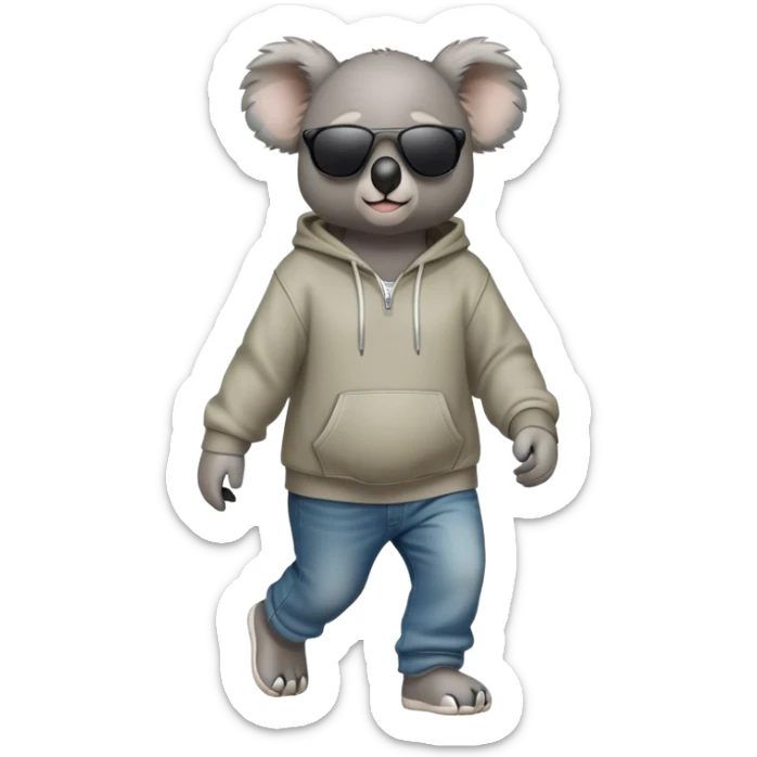 anthropomorphised koala full body wearing a hoodie and jeans dark sunglasses walking sticker